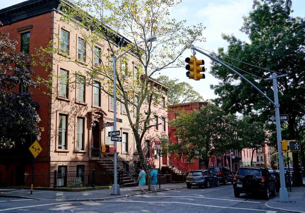 Row houses in the Cobble Hill Historic District, looking south across Henry and Congress Streets