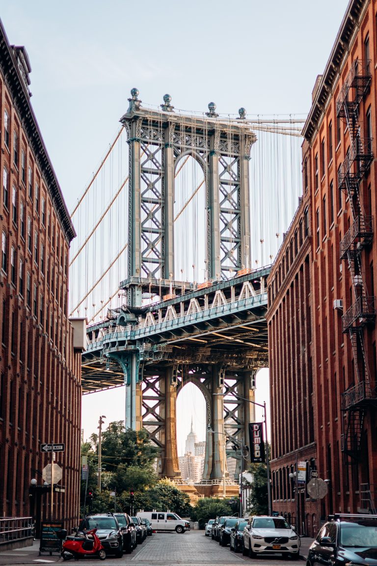 Washington Street in DUMBO, Brooklyn, looking up at the Manhattan Bridge, photographed in 2022