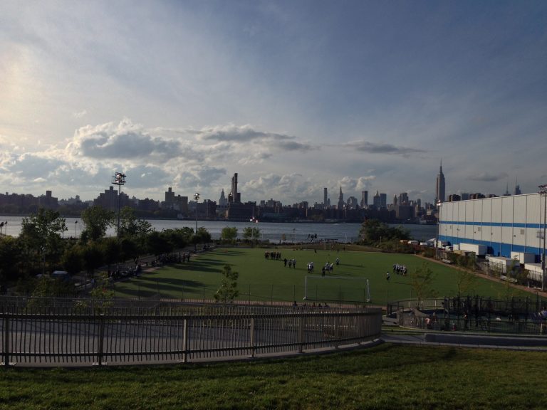 Aerial view of Bushwick Inlet Park from the community center roof, Brooklyn