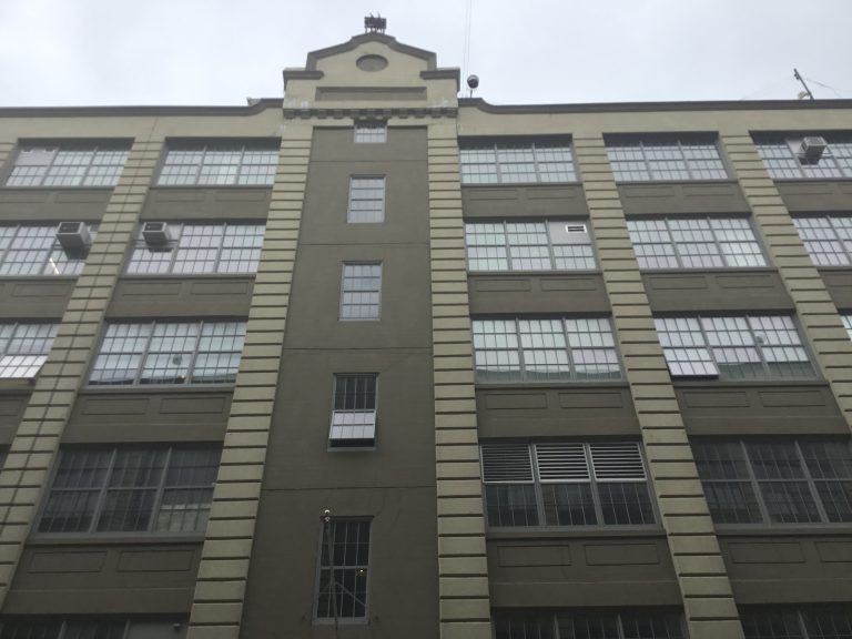 A courtyard between Industry City's converted warehouse buildings in Sunset Park, Brooklyn