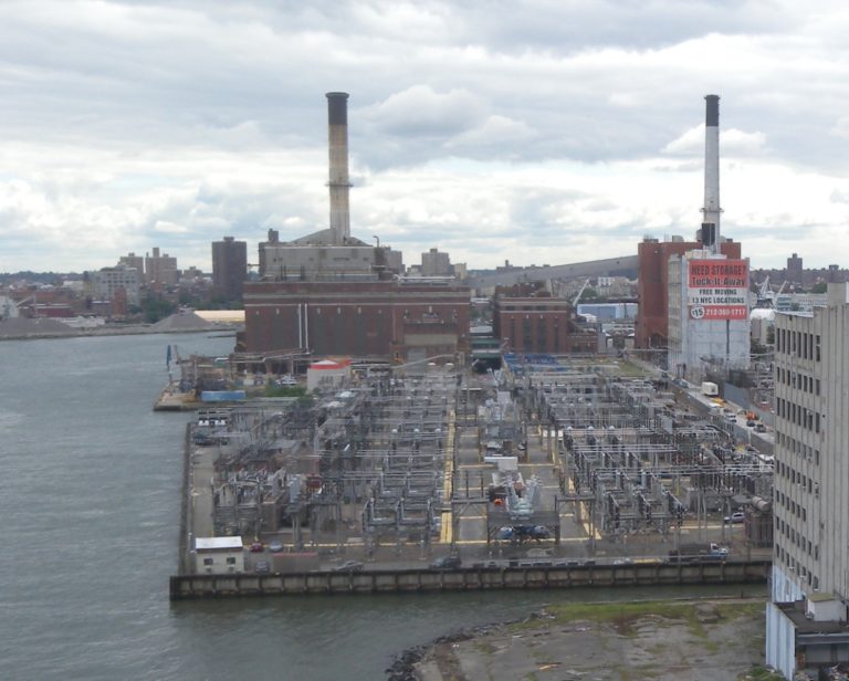 The Con Edison Hudson Avenue power plant smokestack in Vinegar Hill, Brooklyn