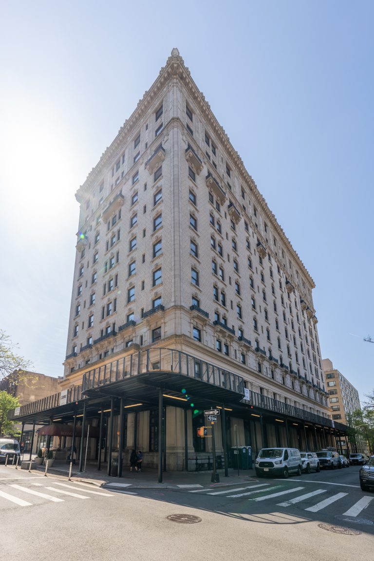 Hotel Bossert at 98 Montague Street, Brooklyn Heights, wrapped in construction scaffolding, April 2026