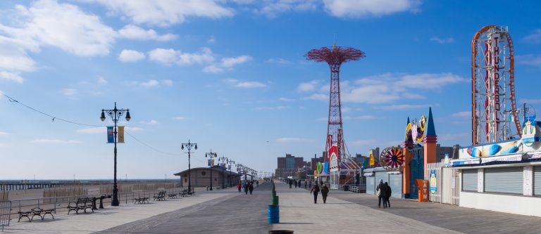 The Riegelmann Boardwalk in Coney Island, Brooklyn, looking toward the Parachute Jump.