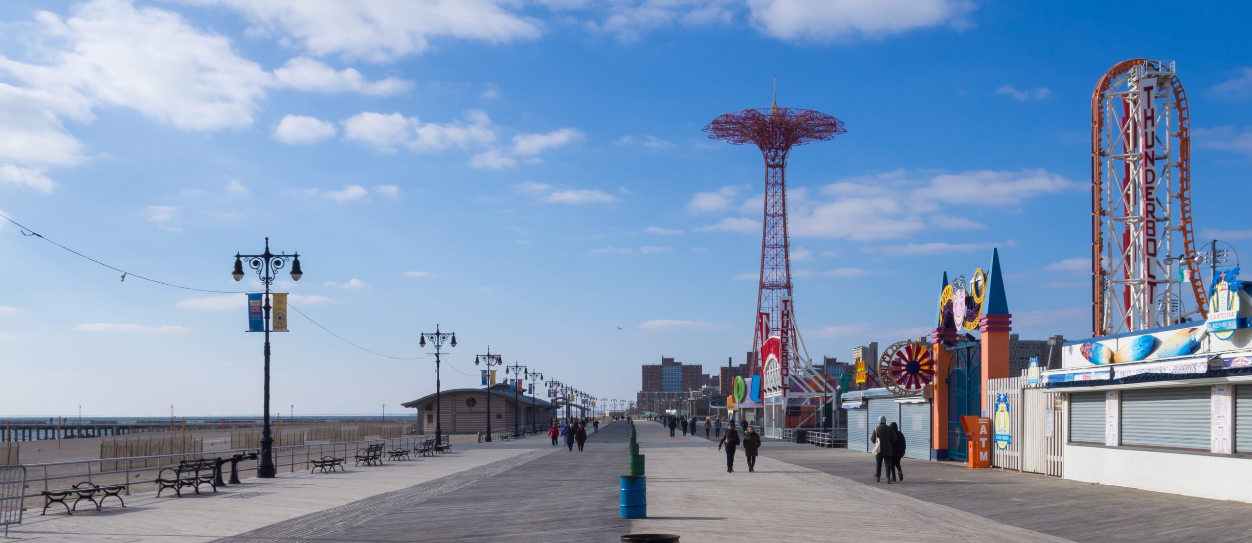 The Riegelmann Boardwalk in Coney Island, Brooklyn, looking toward the Parachute Jump.