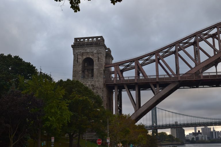 The Hell Gate Bridge's Astoria tower seen from Ralph Demarco Park