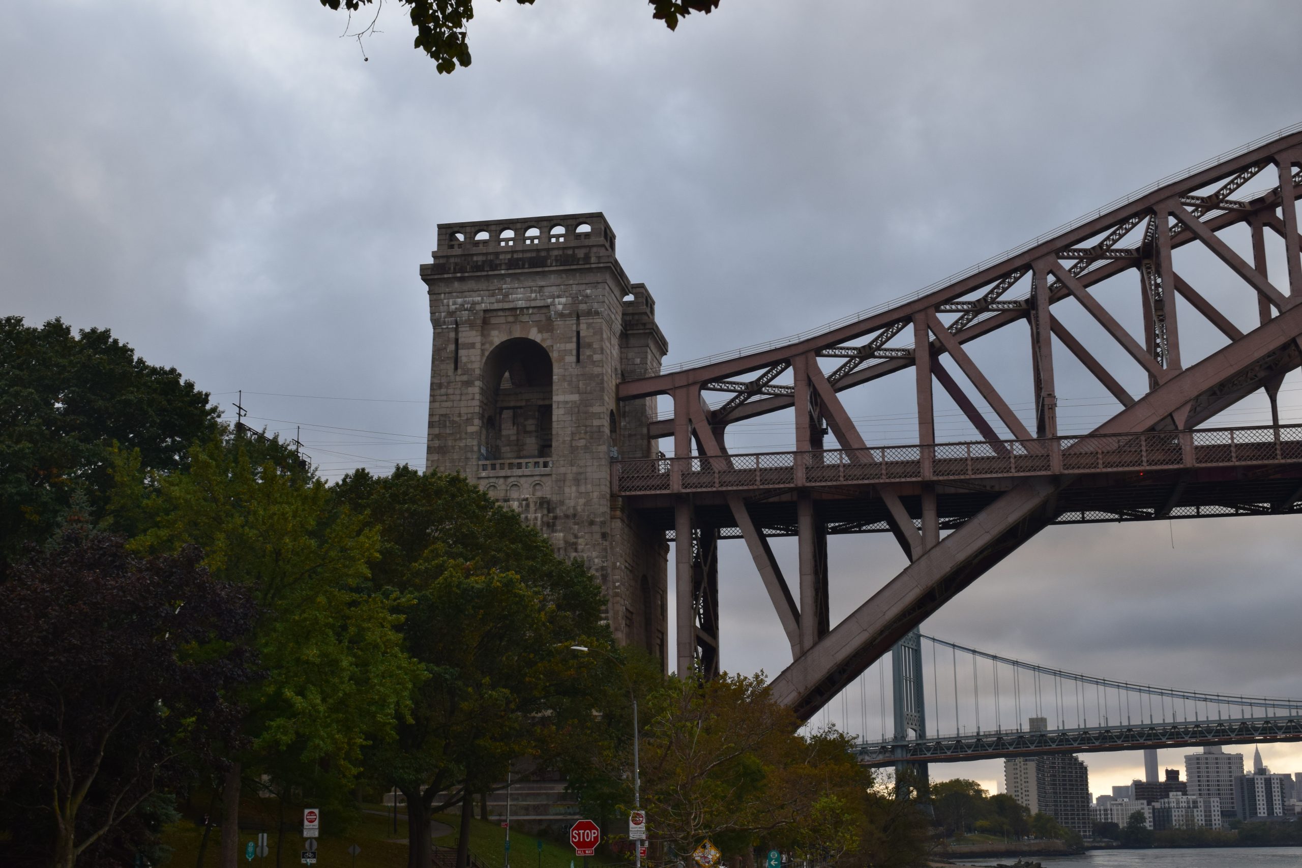 The Hell Gate Bridge's Astoria tower seen from Ralph Demarco Park
