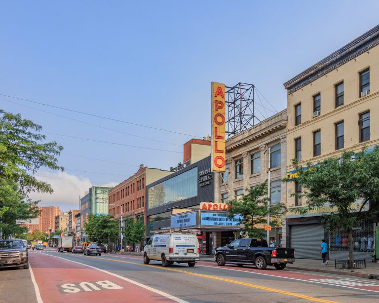 West 125th Street in Harlem with the Apollo Theater sign, July 2023