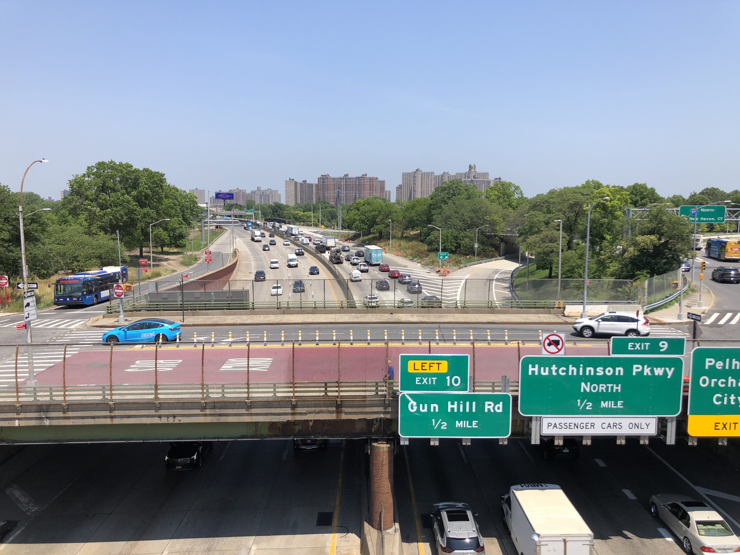 The Bruckner Expressway seen from the overpass at Pelham Bay Park station, with East Bronx apartment towers in the distance