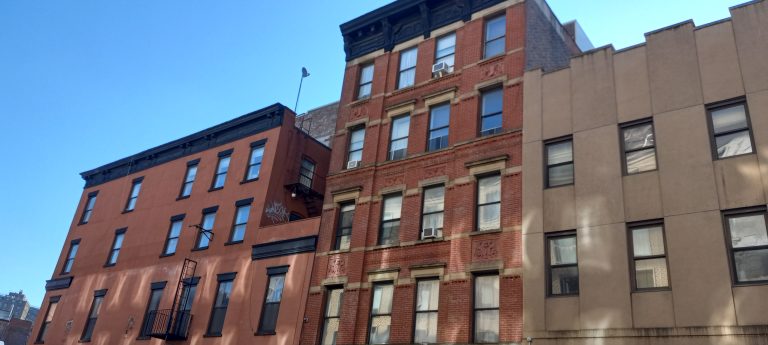 Brick walk-up apartment buildings in the East Village, January 2025
