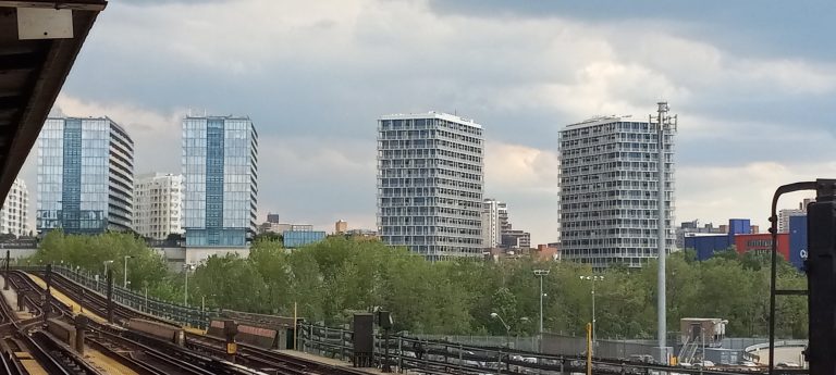 The view from the Mets-Willets Point station toward the towers of Flushing