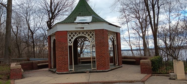 A brick gazebo in Crocheron Park overlooking Little Neck Bay in Bayside
