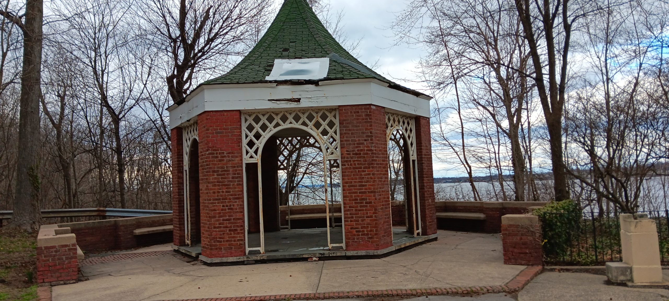 A brick gazebo in Crocheron Park overlooking Little Neck Bay in Bayside