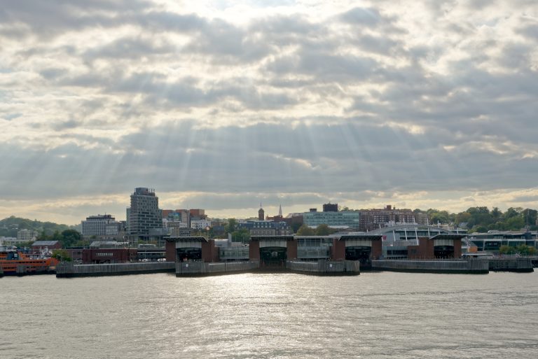 The St. George ferry terminal and waterfront seen from New York Harbor