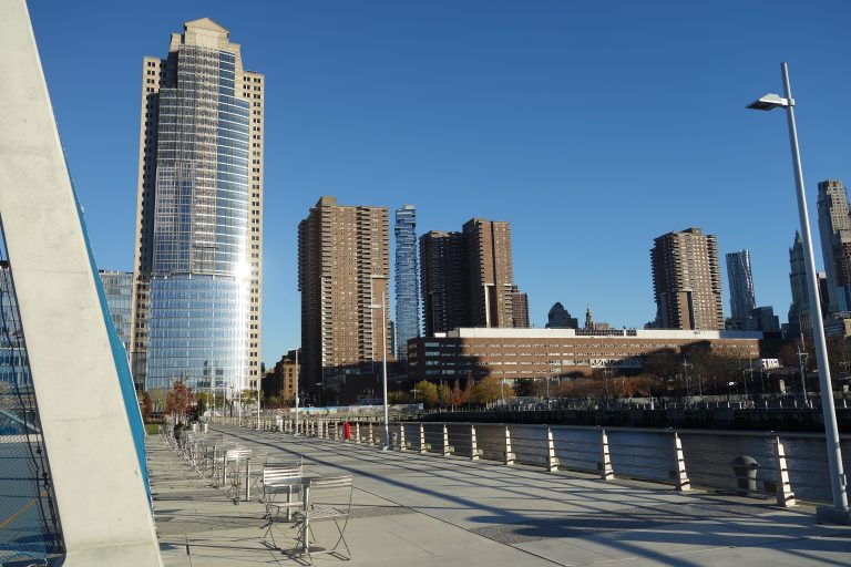 The Tribeca skyline, including the Independence Plaza towers, seen from Pier 26 in Hudson River Park